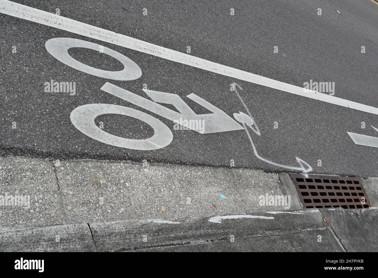 A picture of a bicyclist indicates a bike lane. Stock Photo
