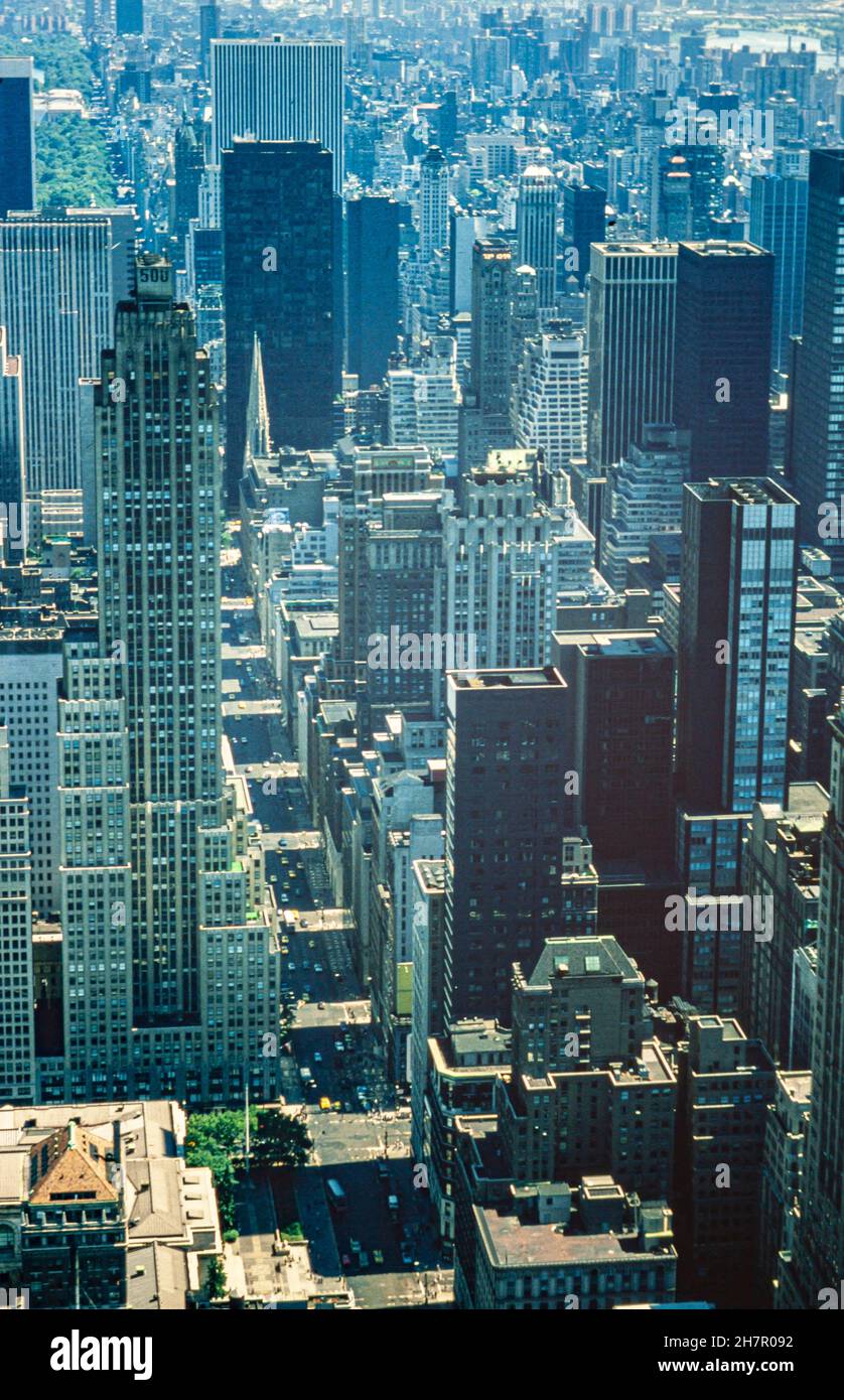 NEW YORK, UNITED STATES MAY 1970: New york aerial view with twin towers in 70's Stock Photo