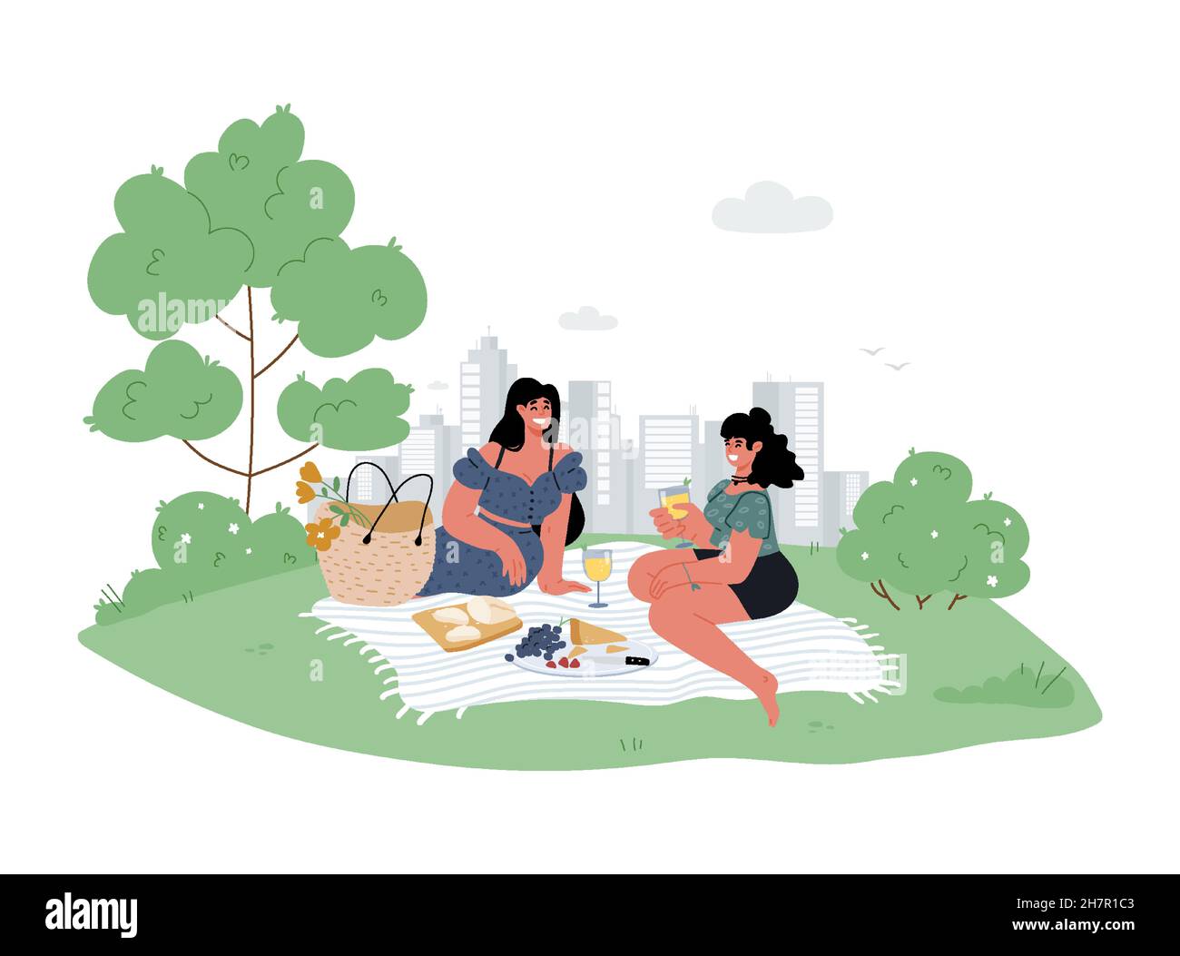 Two girlfriends in casual wear sit in a city park on blanket an green grass at summer and make a picnic together, have fun together,time for friends.V Stock Vector