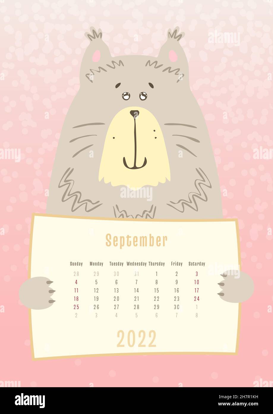 2022 September Calendar, Cute Cat Animal Holding A Monthly Calendar Sheet, Hand Drawn Childish Style Stock Vector Image & Art - Alamy