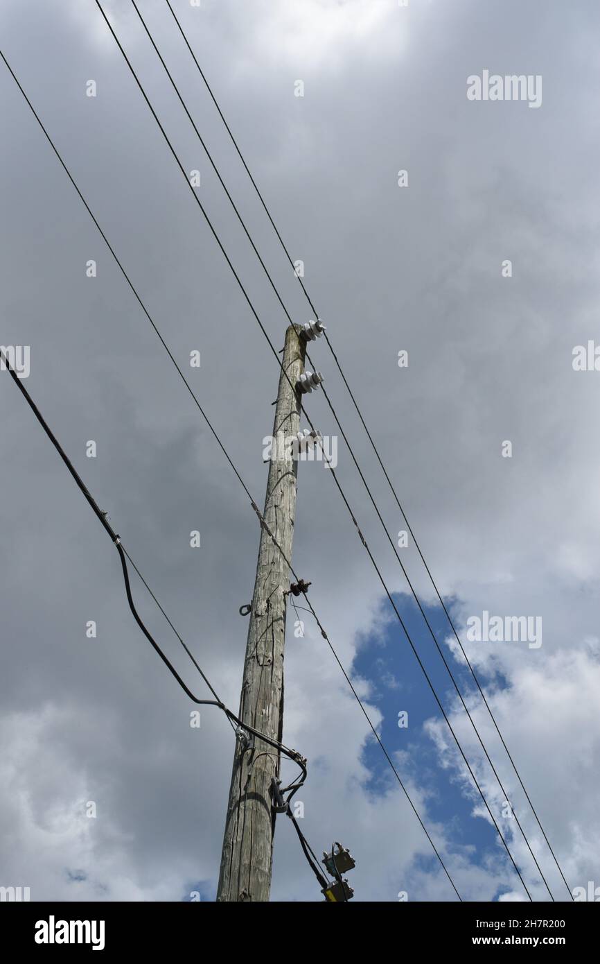 Several types of electrical lines are attached to a wooden pole. Stock Photo