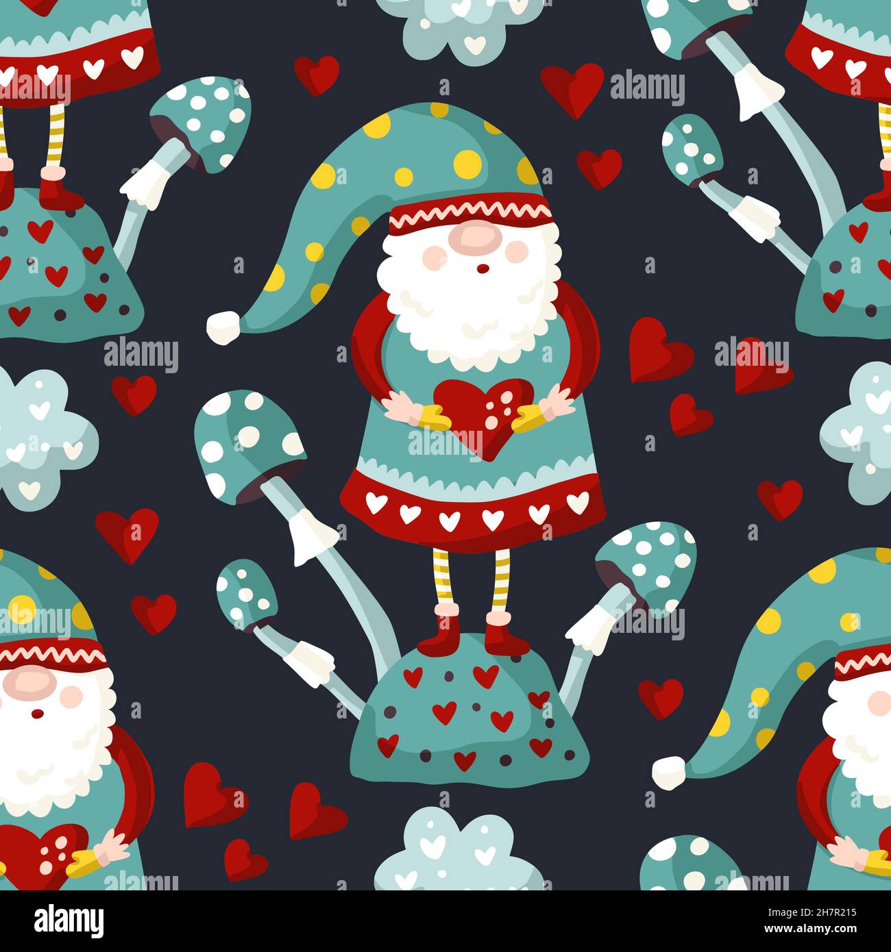 Cute gnome seamless pattern, winter cartoon kids background Stock Vector