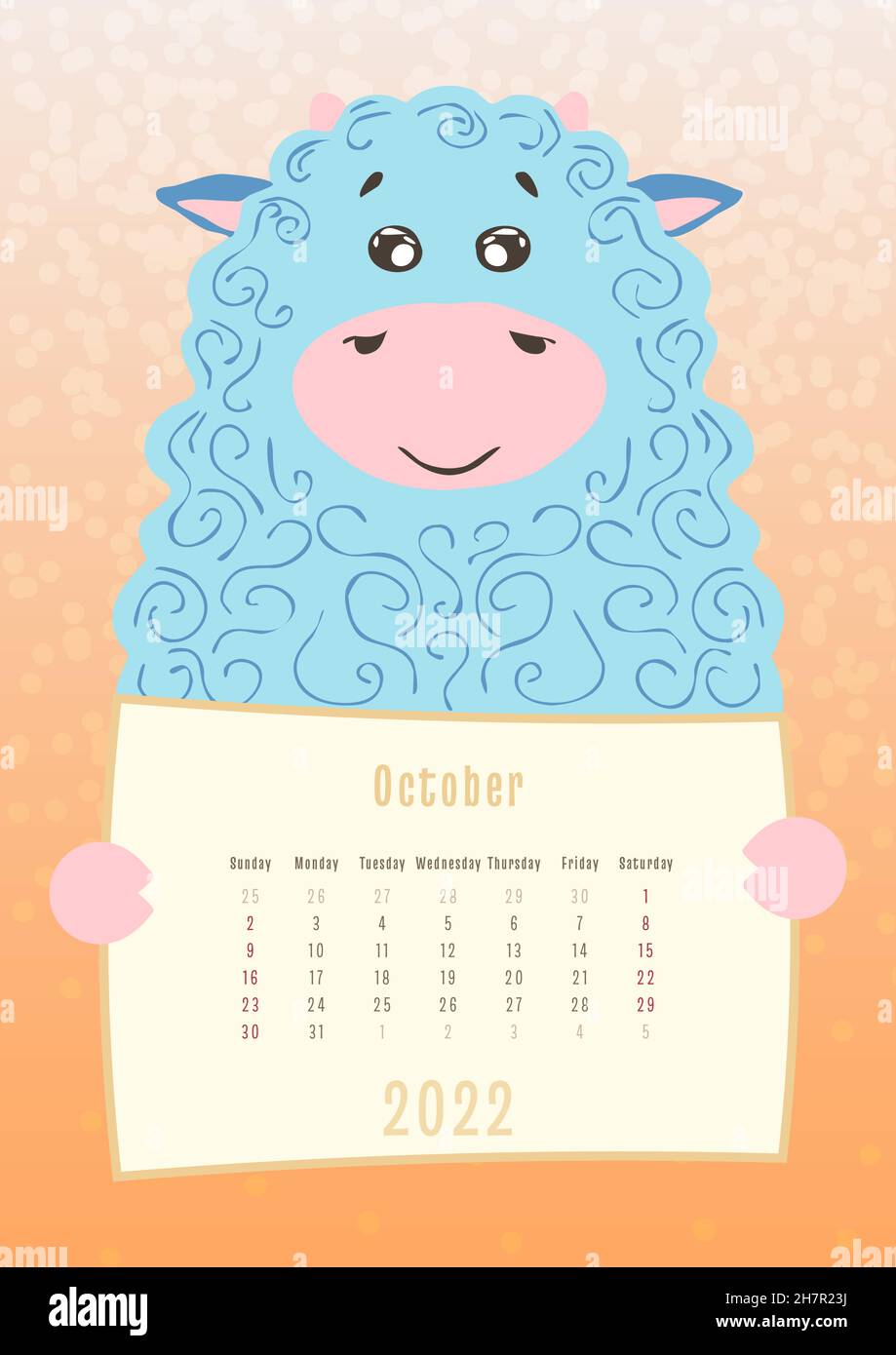 2022 october calendar, cute ram sheep animal holding a monthly calendar sheet, hand drawn childish style. Stock Vector