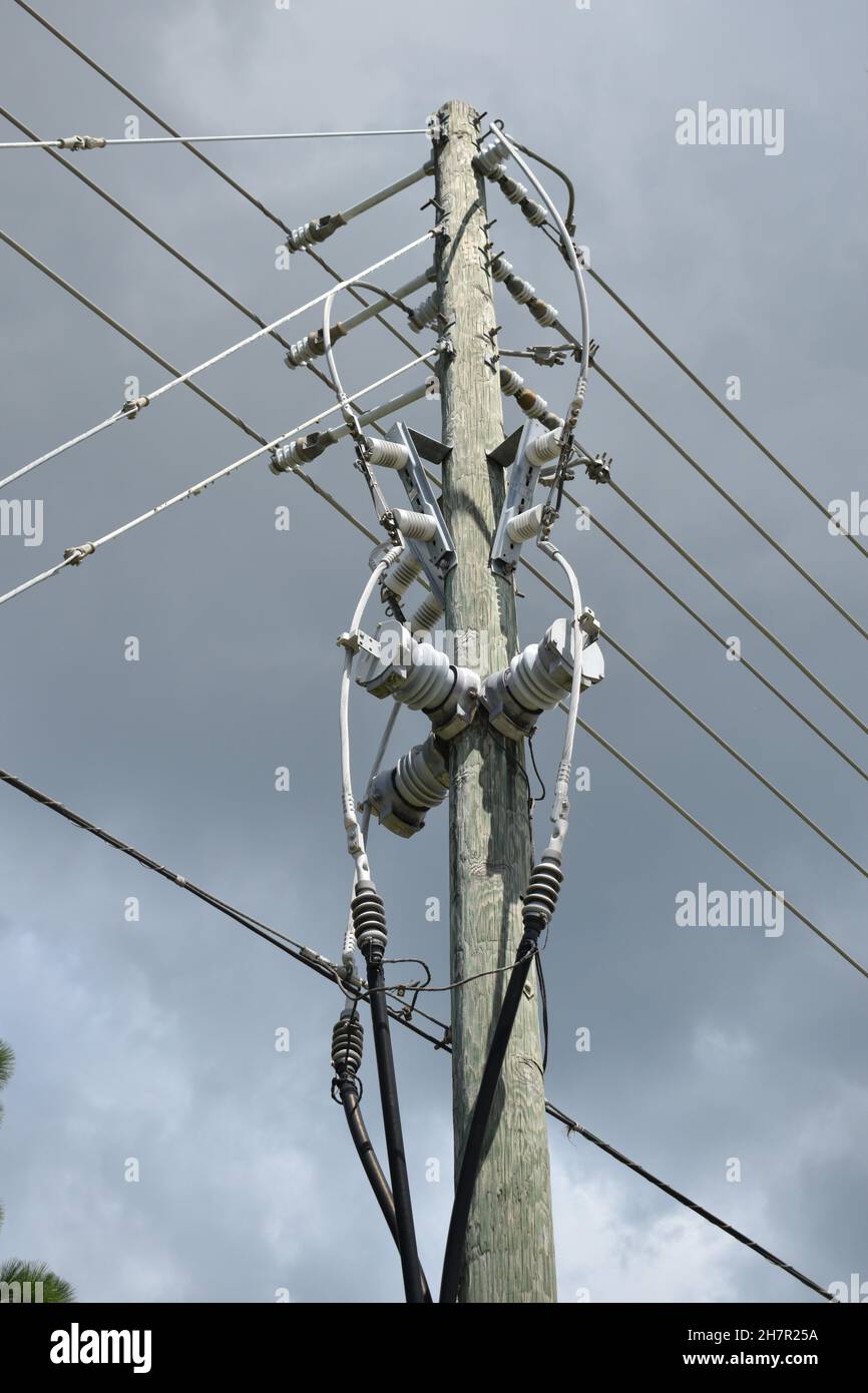 Close-up multiple electrical connections on a wooden utility pole. Stock Photo