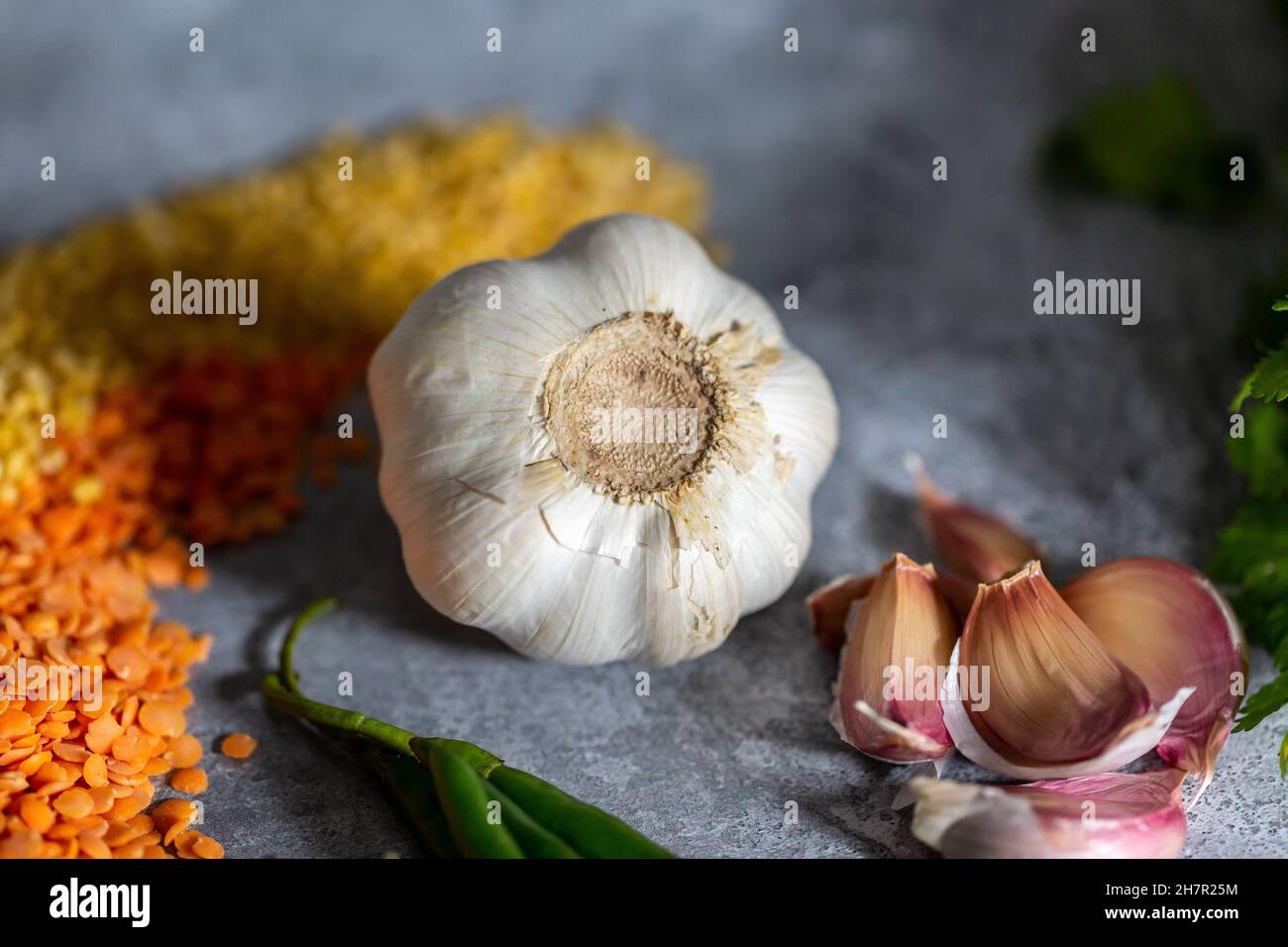 Ingredients for cooking Asain cuisine against a grey background Stock Photo