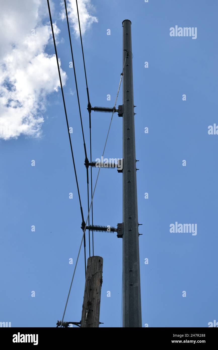 Close-up insulators hold electrical lines to a utility pole. Stock Photo