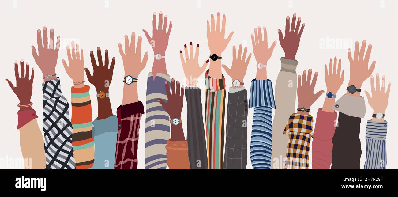 Group of raised arms and hands of multicultural colleagues or friends.Collaboration between teamwork or community of multi-ethnic people. Startup Stock Vector