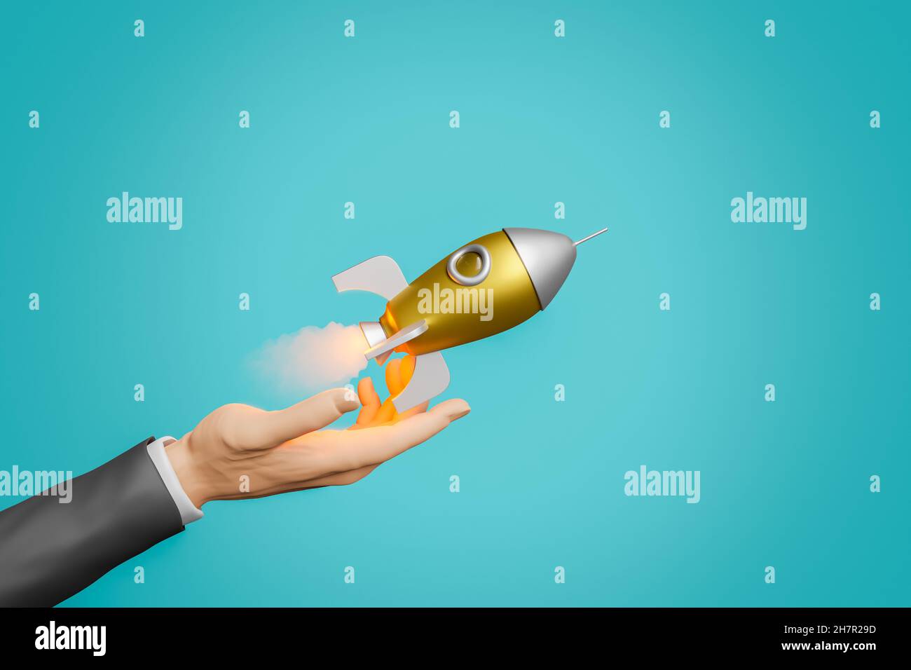 Rocket Hand Work hand launches a golden rocket. concept of success, work and startup. 3d ...