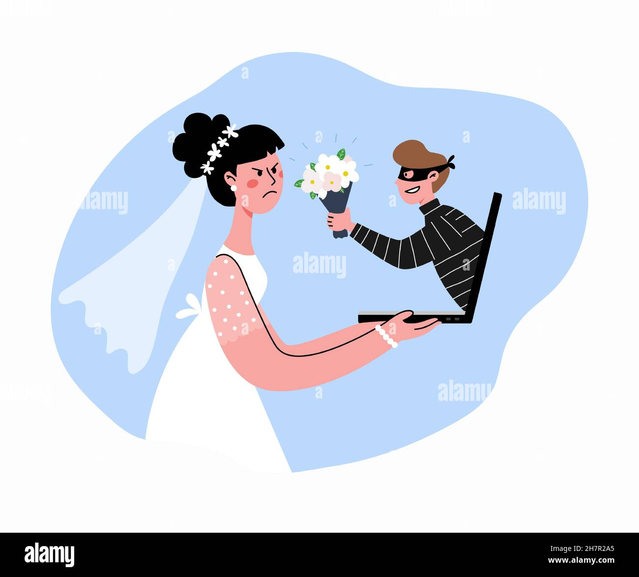 A cheater tries to deceive a woman into marriage online. The woman realized the deception and became very angry. Vector flat illustration Stock Vector