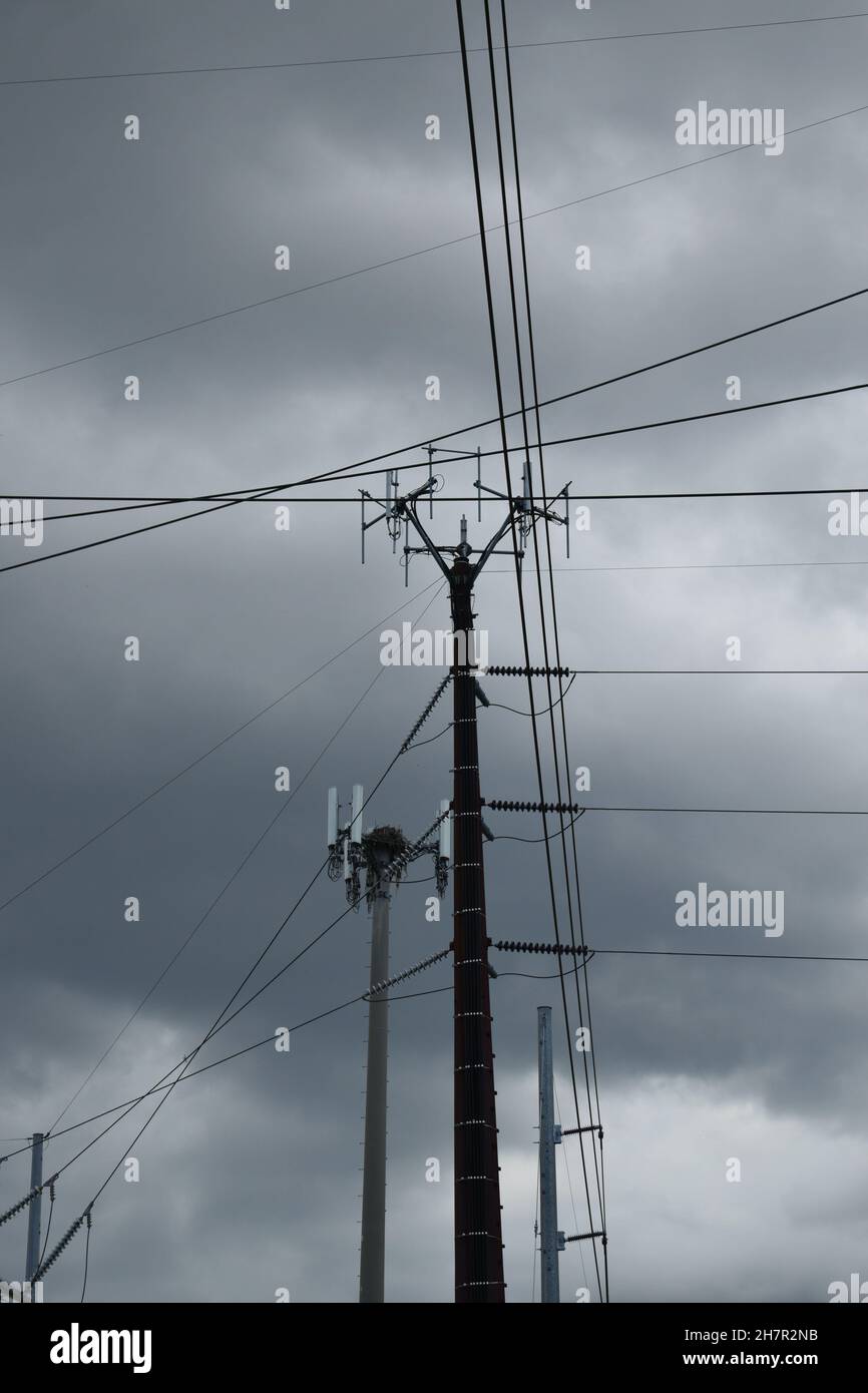 Wires crisscross the cloudly sky from multiple directions. Stock Photo