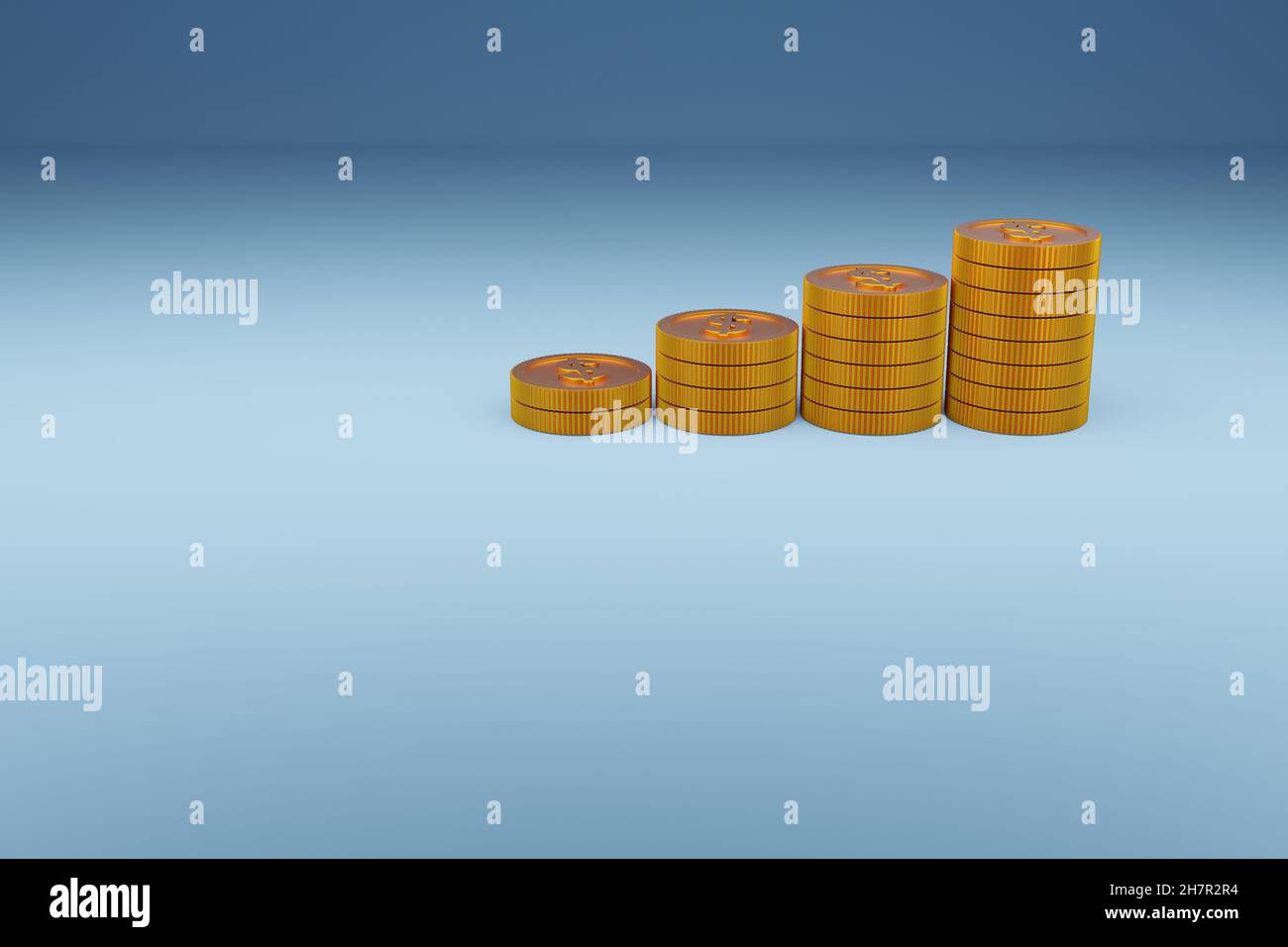 Stacked golden dollar coins on a blue background, 3d rendering Stock ...