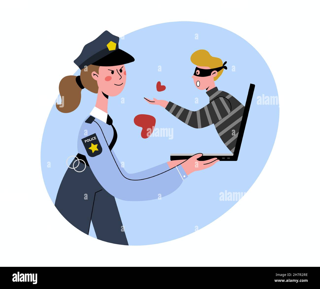 Internet dating. A policewoman works undercover. Reveals the deception.  Male thief caught red-handed. Man tries to scam a woman over the Internet.  F Stock Vector