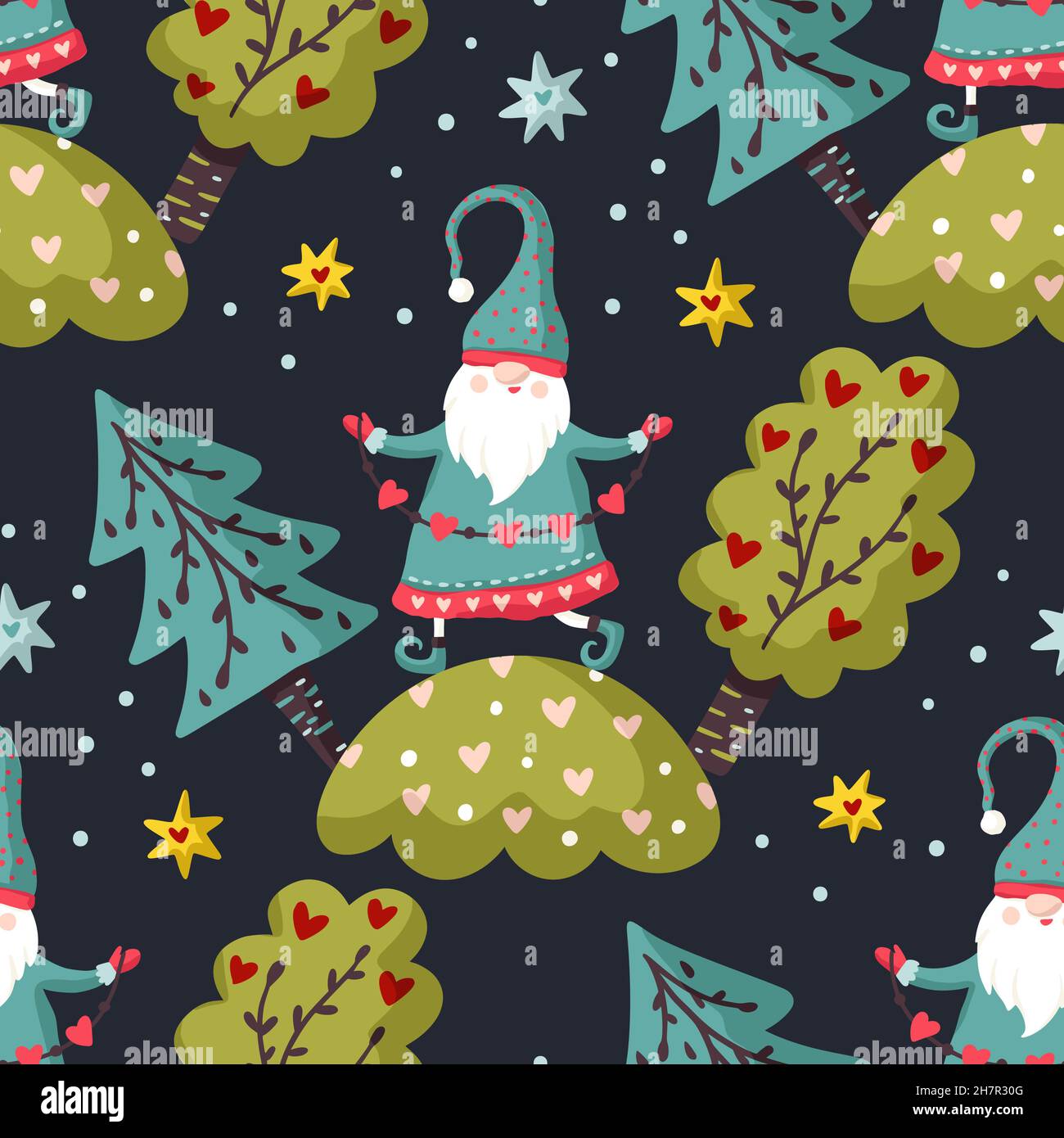 Cute gnome seamless pattern, winter cartoon kids background Stock Vector