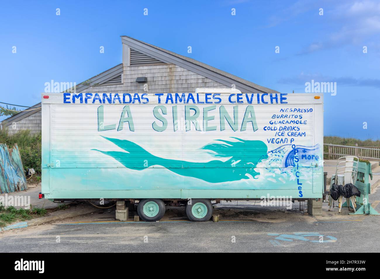 A food truck, La Sirena at Ditch Plains, Montauk Stock Photo