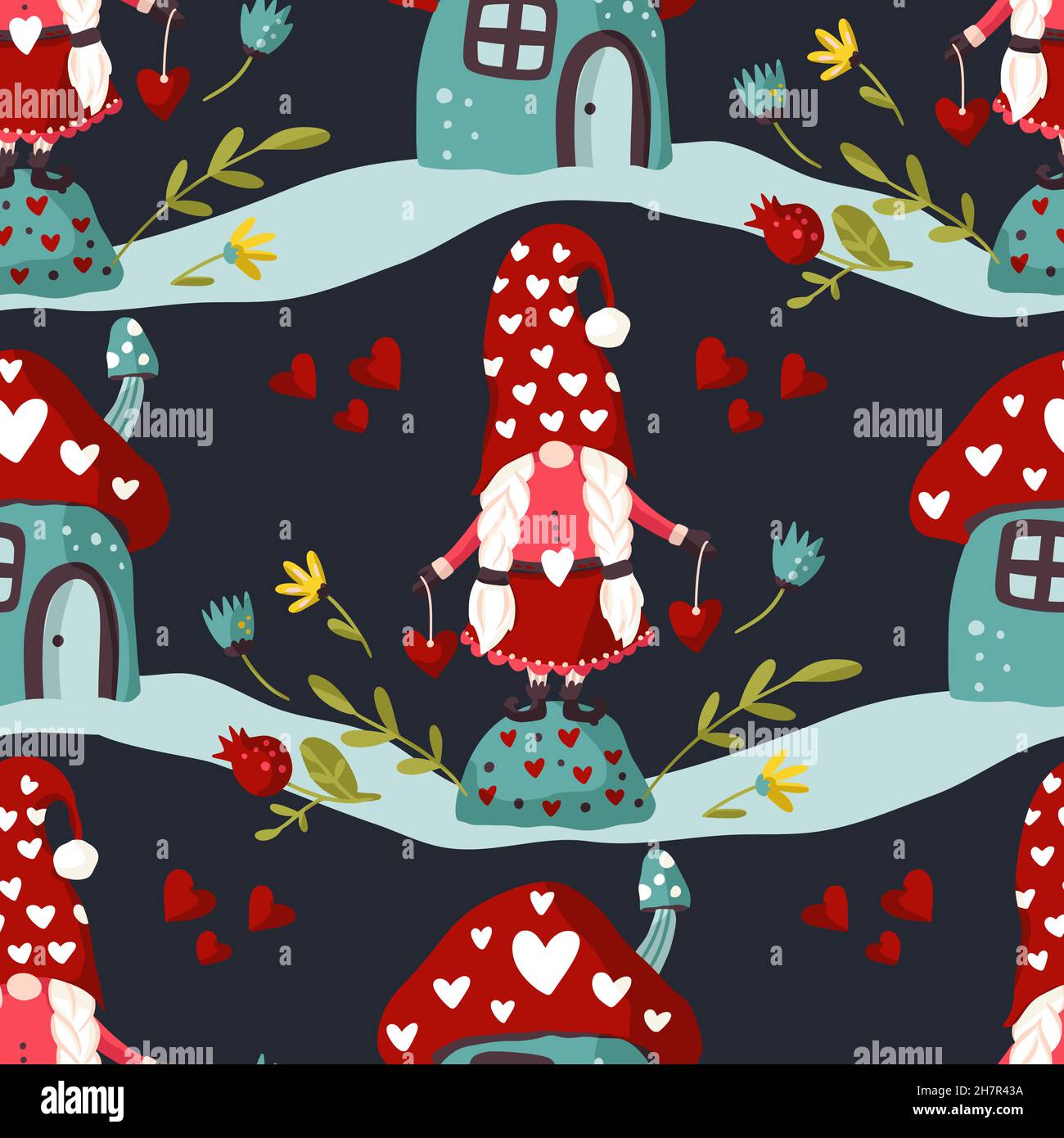Cute gnome seamless pattern, winter cartoon kids background Stock Vector
