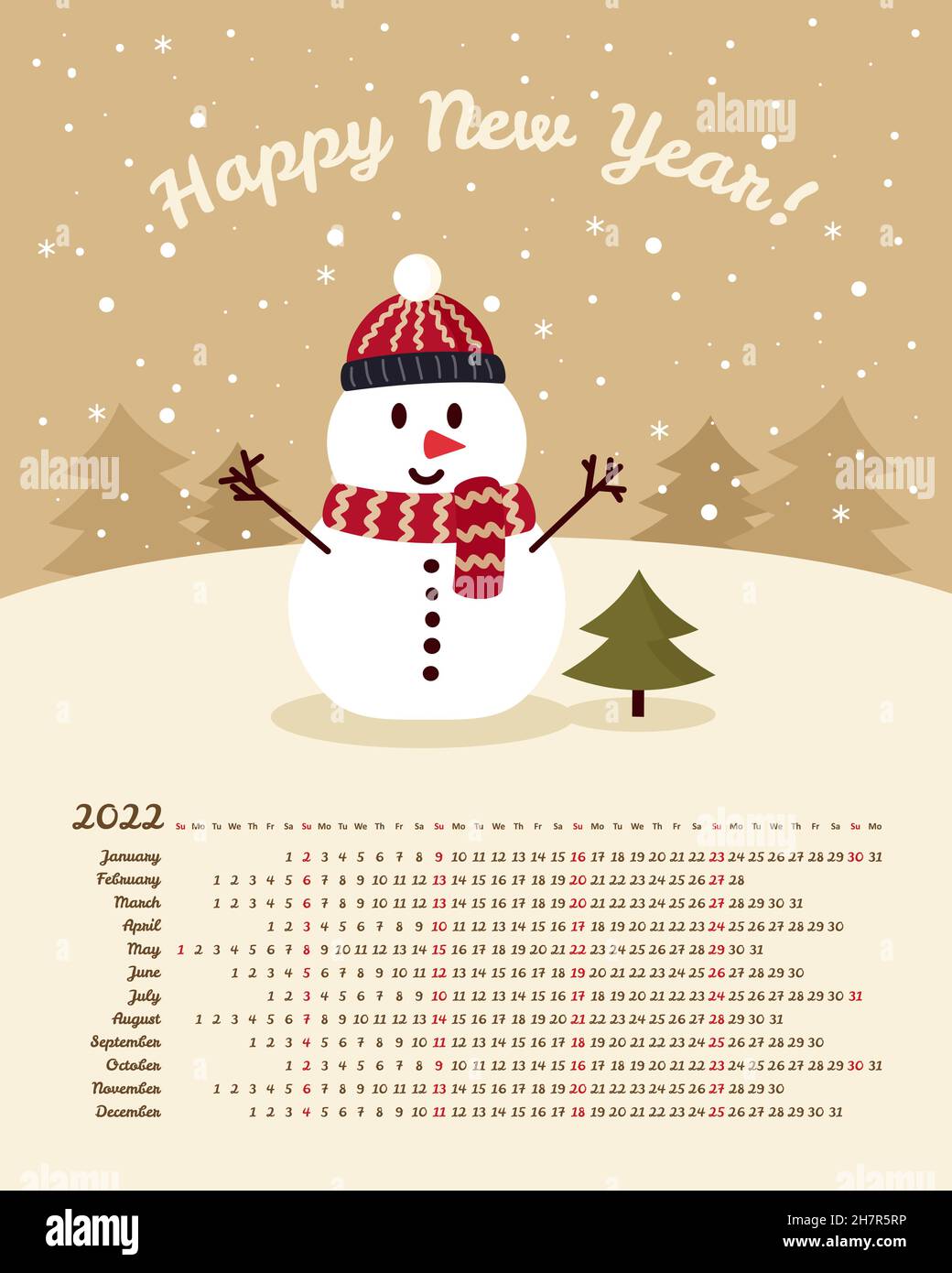 Calendar 2022 Year. Snowman In Hat And Scarf With Christmas Tree. Merry Christmas And Happy New Year. Color Vector Template. Week Starts On Sunday Stock Vector Image & Art - Alamy