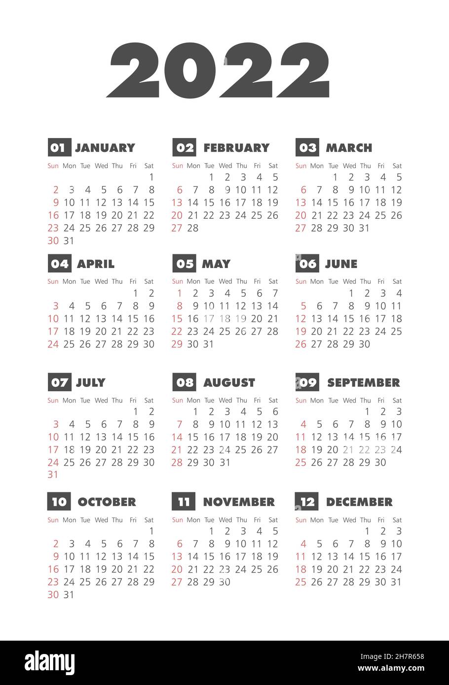 2022 Calendar Black And White Calendar 2022 Year. Black And White Vector Template. Week Starts On Sunday.  Basic Grid. Pocket Square Calender. Ready Design Stock Vector Image & Art -  Alamy