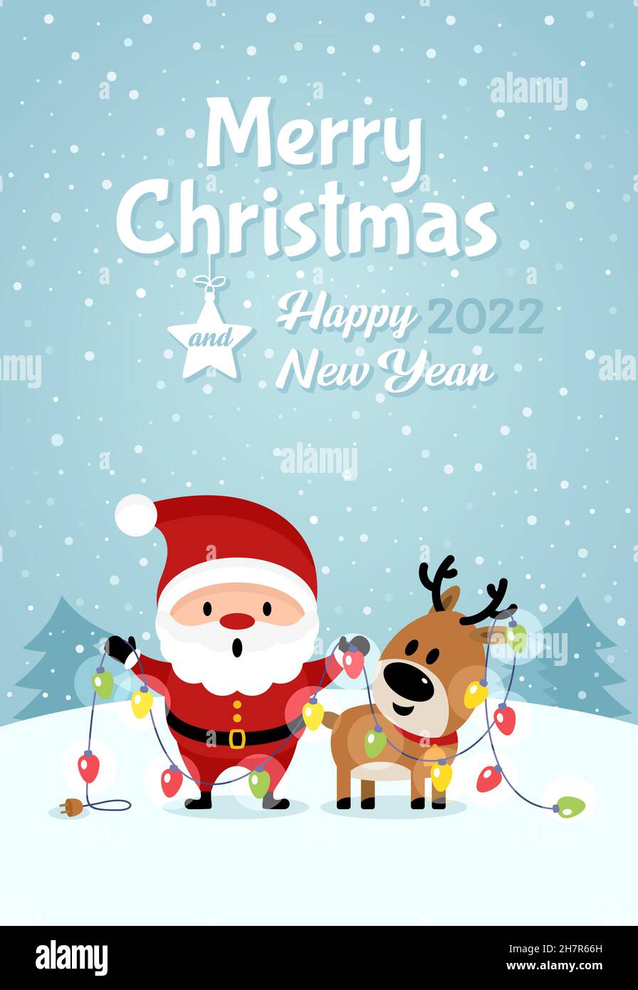 Santa Claus and deer with garland. Merry Christmas and Happy New Year ...