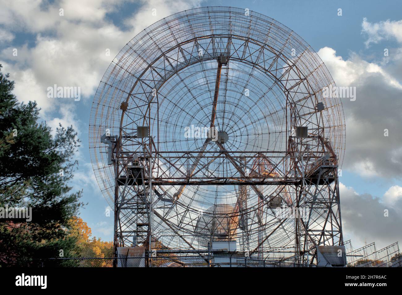 Steerable radar dish at MIT Haystack Observatory in Massachusetts. Radio telescope is used to study how solar radiation affects the ionosphere. Stock Photo