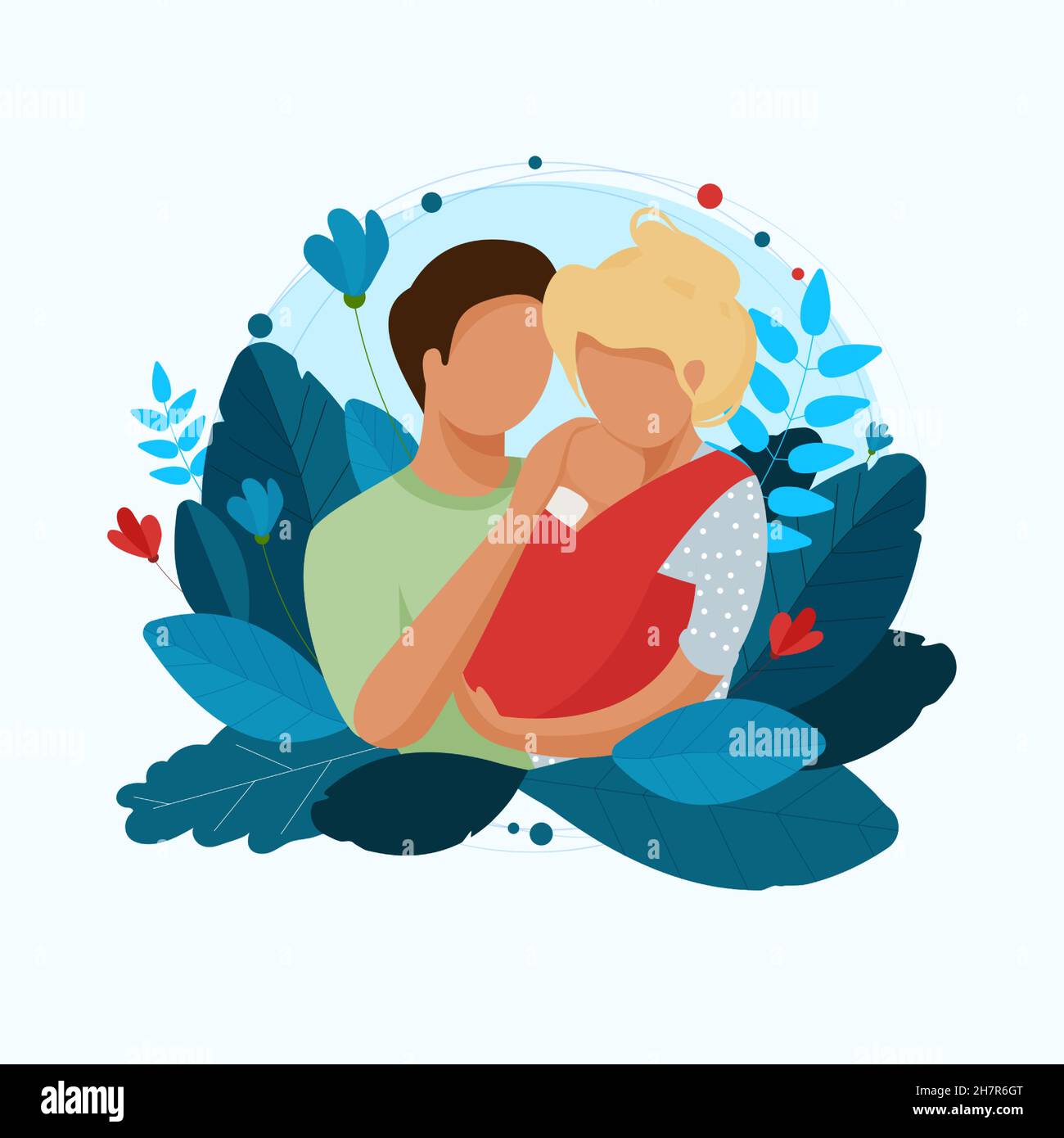 A little baby sleeps in a red sling. Mother and father hugging him. The joy of motherhood, the love of parents for their children. Newborn babies. Stock Vector