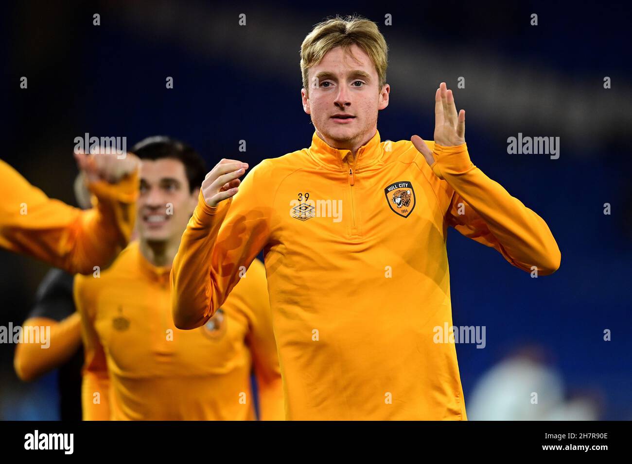 Cardiff, UK. 24th Nov, 2021. Jevon Mills #41 of Hull City during the pre-match warm-up in Cardiff, United Kingdom on 11/24/2021. (Photo by Ashley Crowden/News Images/Sipa USA) Credit: Sipa USA/Alamy Live News Stock Photo