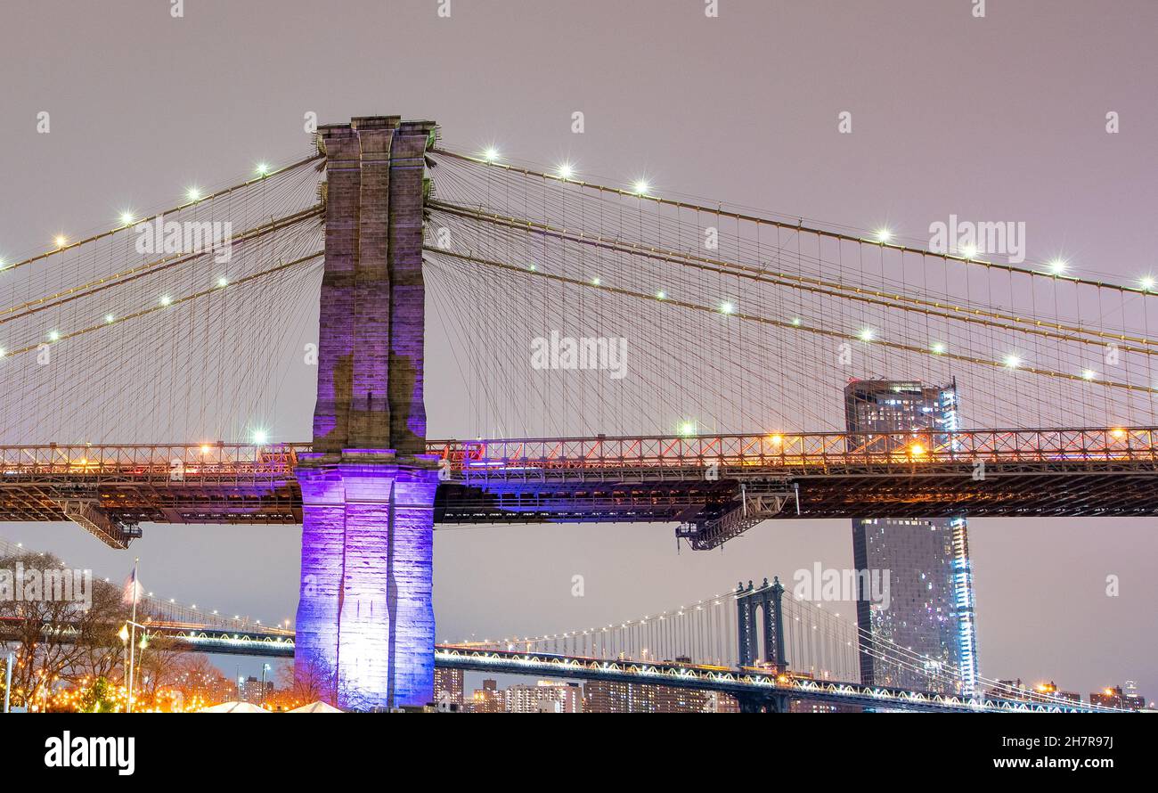 Brooklyn and Manhattan Bridge at night, New York Skyline Stock Photo ...