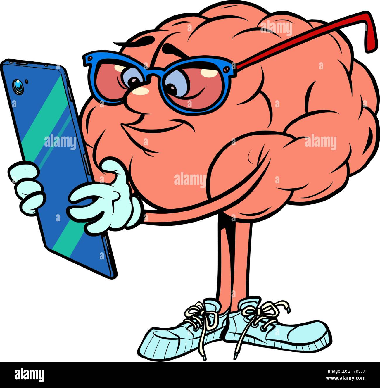 The smart guy looks at his smartphone. human brain character, smart wise Stock Vector