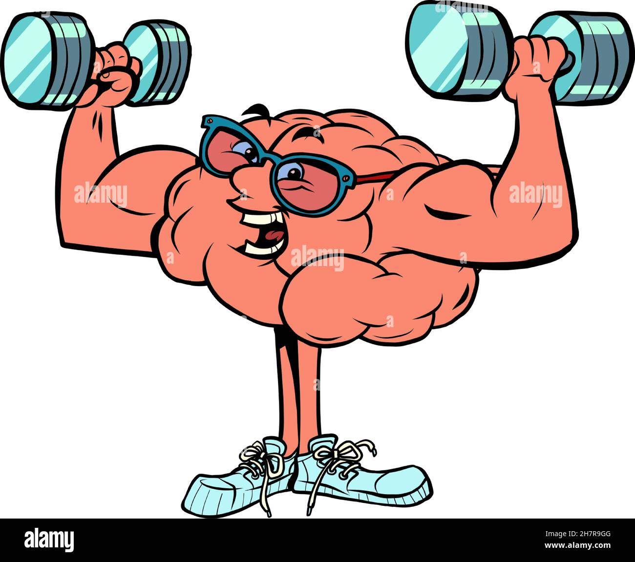 morning exercises, lifting dumbbells, weightlifting human brain character, smart wise Stock Vector