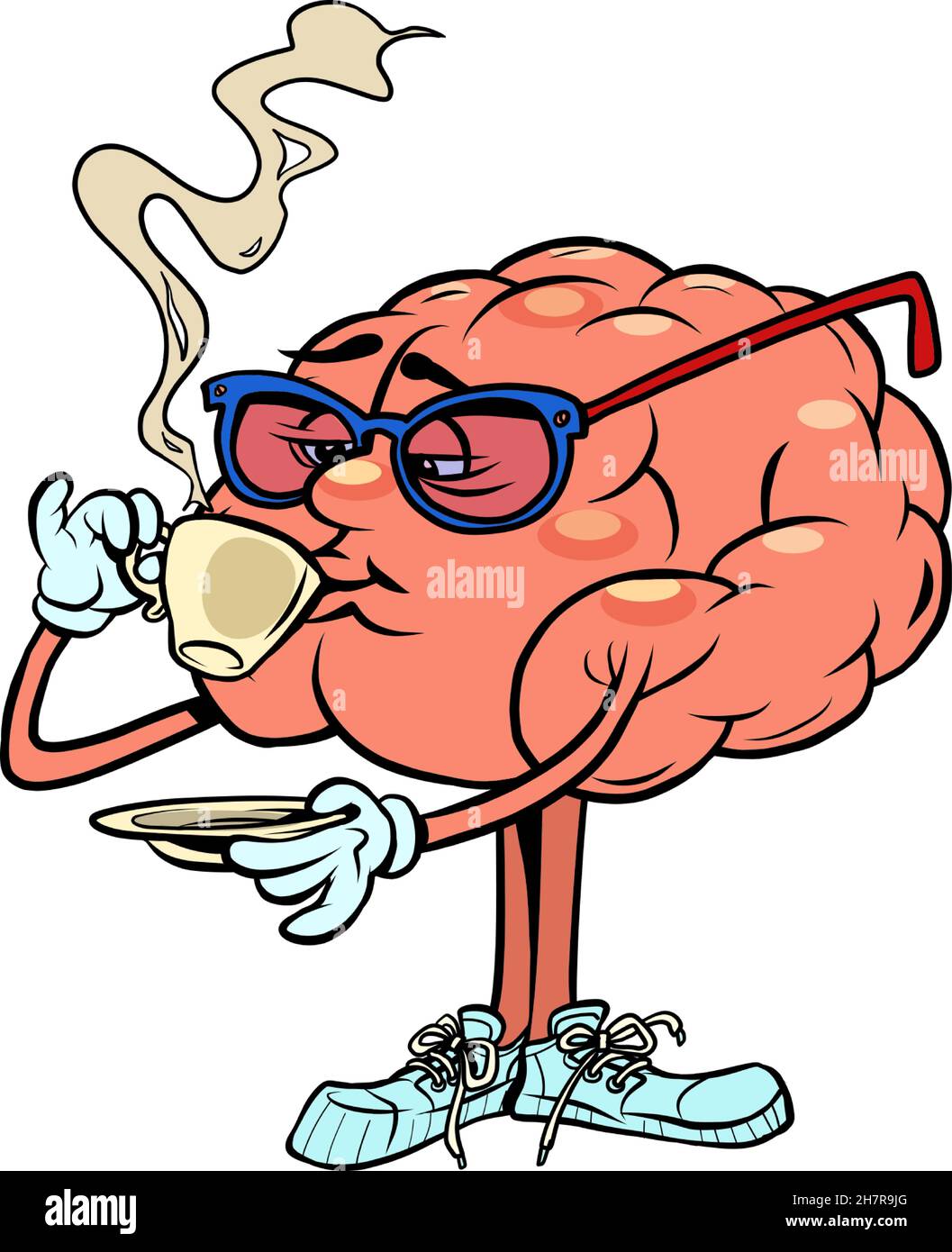 drinking a cup of hot coffee human brain character, smart wise Stock Vector