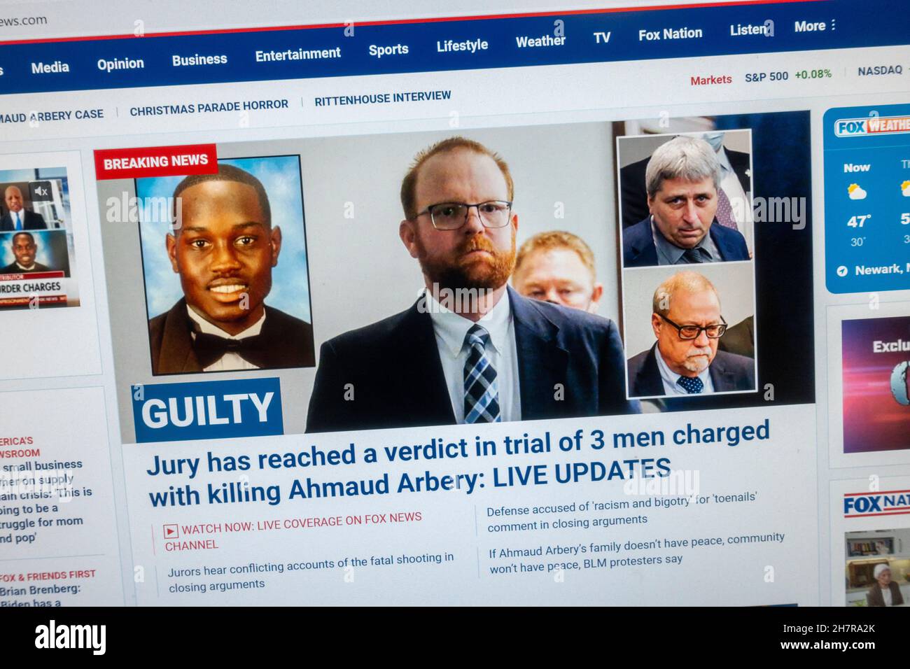 Screenshot of Fox News web site following the 'guilty' verdicts in the Ahmaud Arbery murder trial on 24th Nov 2021. Stock Photo