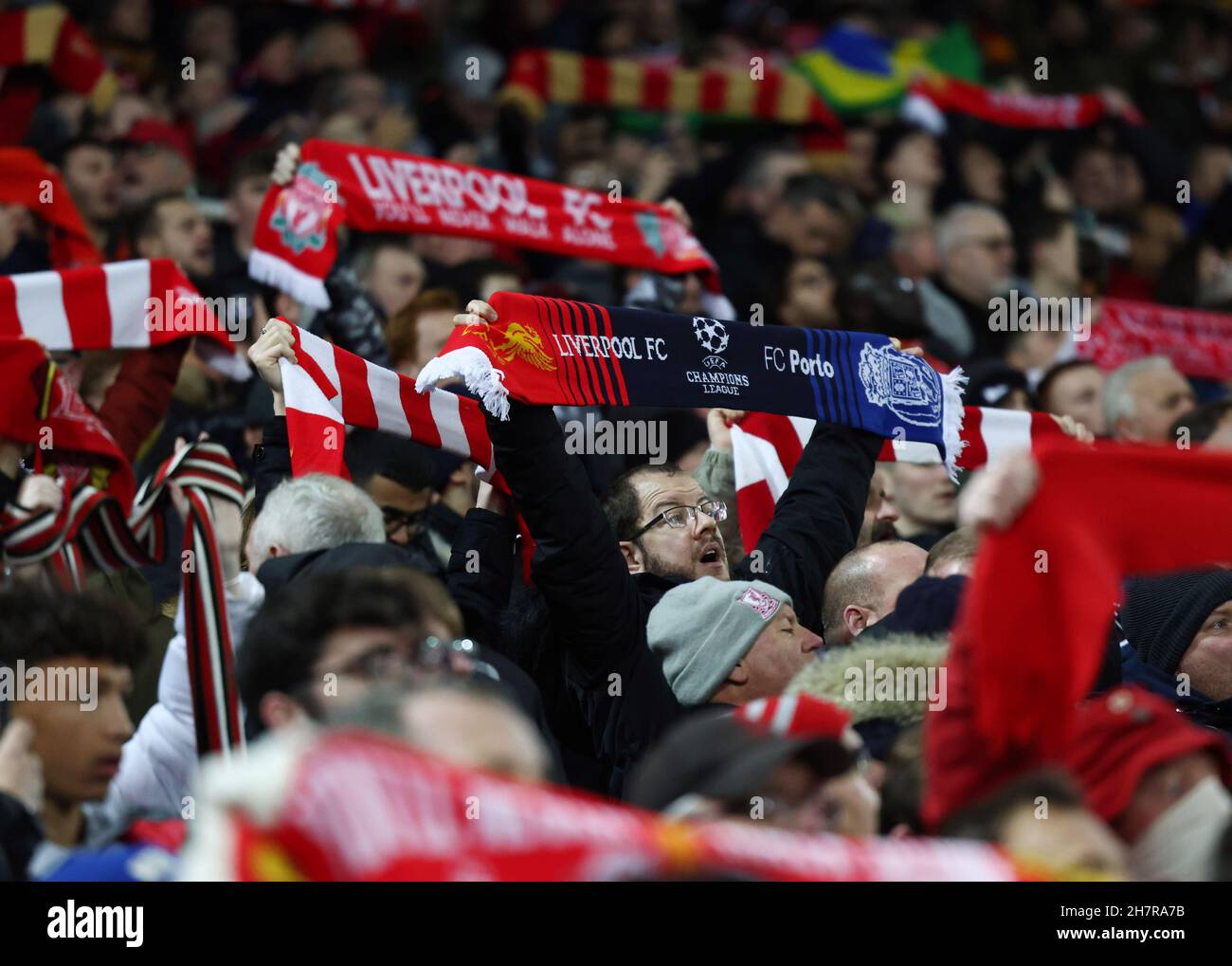 Liverpool, England, 24th November 2021. Liverpool fans sing their anthem “you’ll never walk alone”  during the UEFA Champions League match at Anfield, Liverpool. Picture credit should read: Darren Staples / Sportimage Credit: Sportimage/Alamy Live News Stock Photo