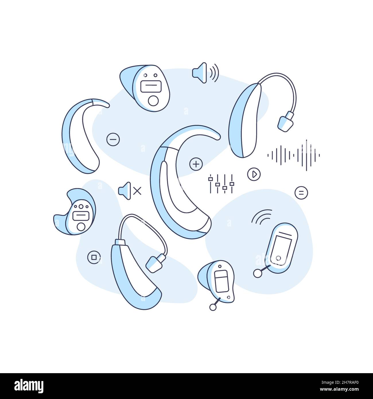 Types of hearing aids for the hearing impaired and the deaf with icons