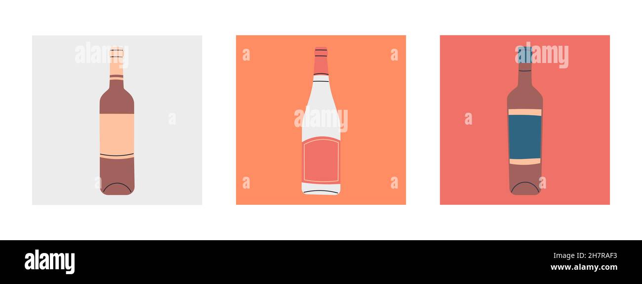 Set of vector flat bottles of wine. Labels without inscriptions. Illustration for bar or restaurant menu design. Stock Vector