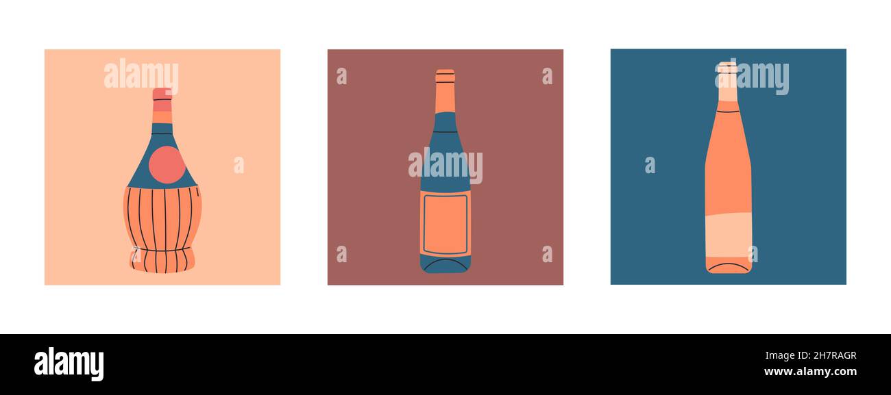 Set of vector flat bottles of wine. Labels without inscriptions. Illustration for bar or restaurant menu design. Stock Vector
