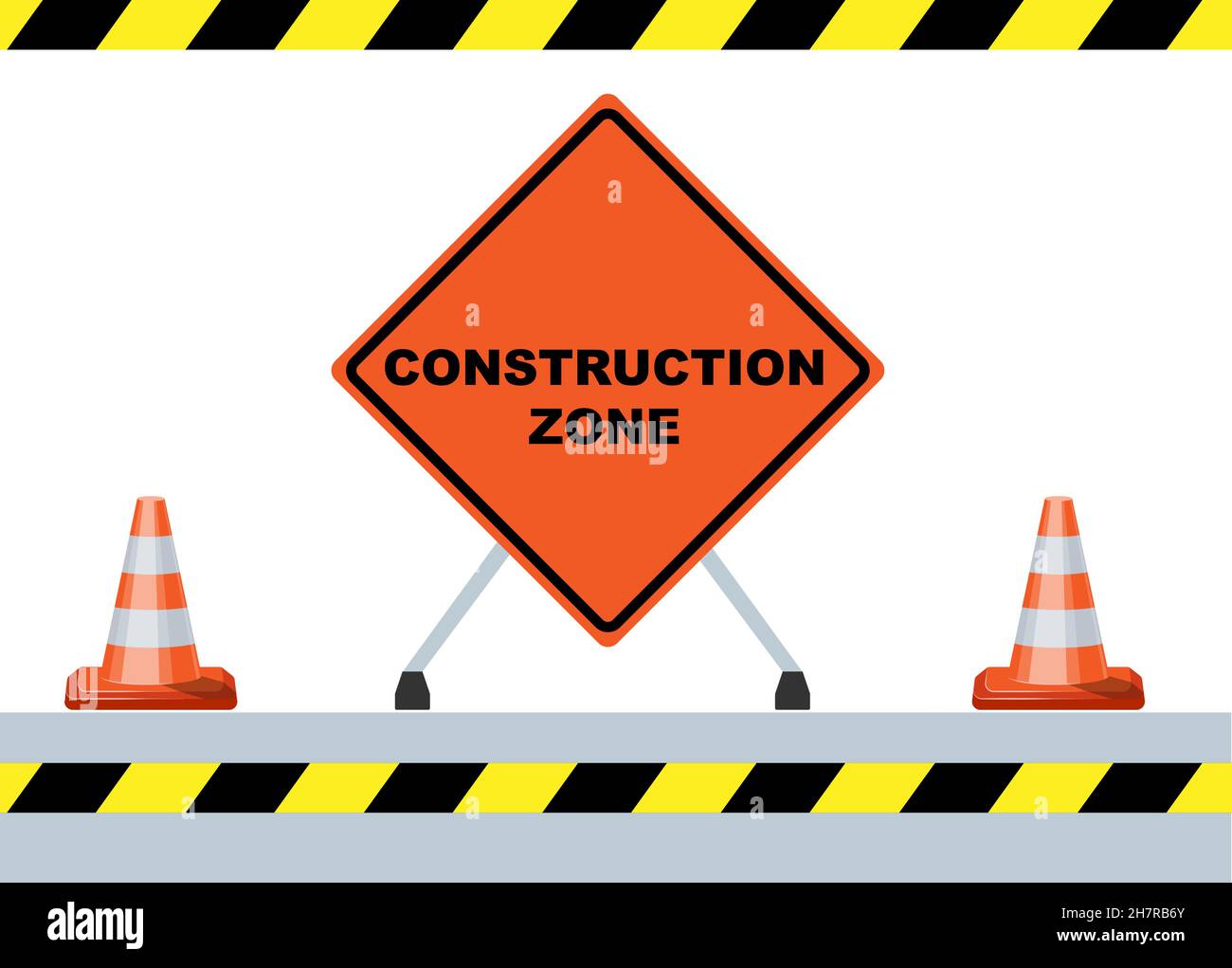 Under construction zone, road cones, warning tape vector illustration Stock Vector