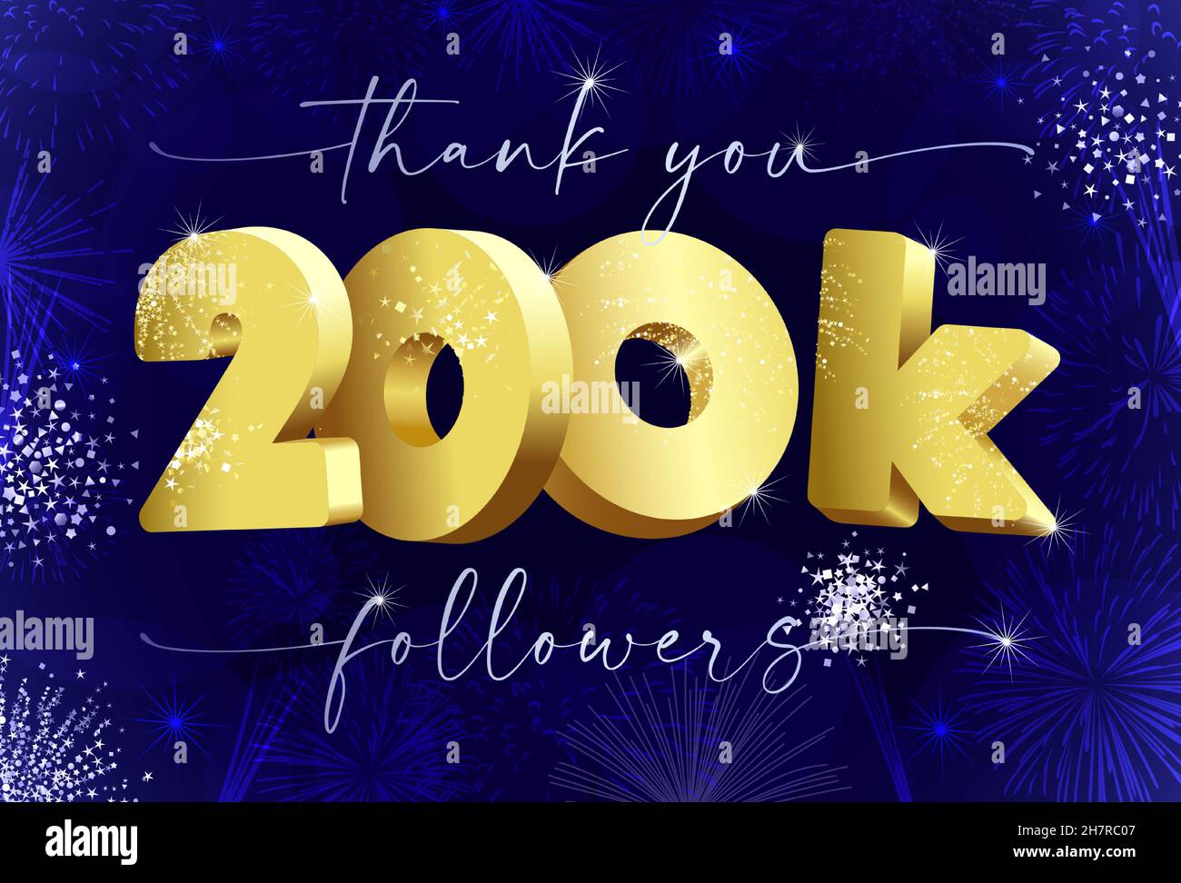 Thank you 200 000 followers creative concept. Bright festive thanks for 200.000 networking likes. 200k subscribers shining golden web sign. 3D luxury Stock Vector