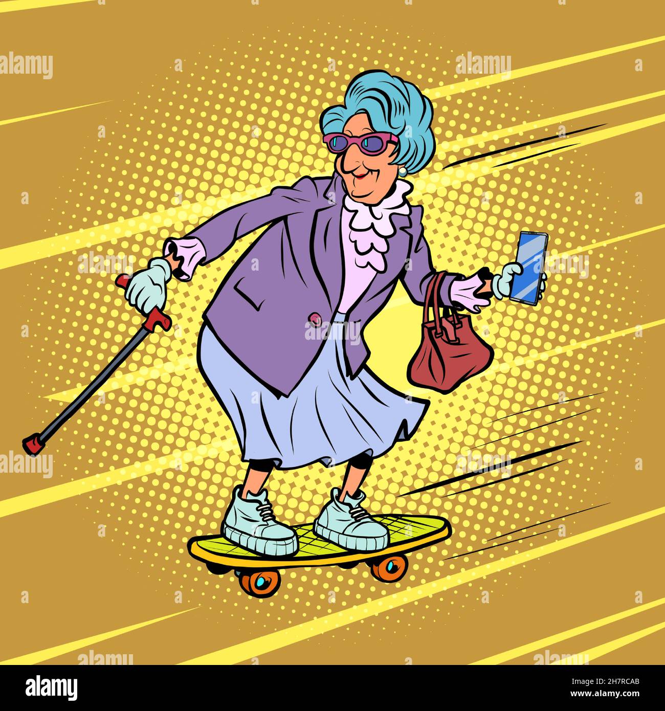 grandma rides a skateboard, active recreation of the elderly. Street sports Stock Vector