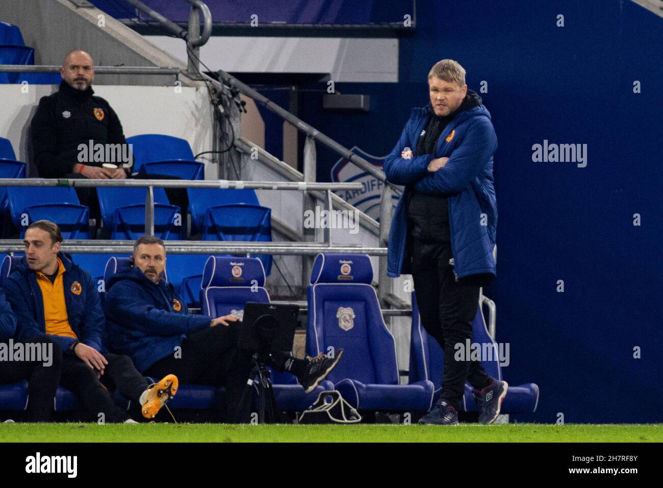 Cardiff, UK. 24th Nov, 2021. Hull City manager Grant McCann (r) looks on from the touchline. EFL Skybet championship match, Cardiff city v Hull city at the Cardiff City Stadium in Cardiff, Wales on Wednesday 24th November 2021. this image may only be used for Editorial purposes. Editorial use only, license required for commercial use. No use in betting, games or a single club/league/player publications. pic by Lewis Mitchell/Andrew Orchard sports photography/Alamy Live news Credit: Andrew Orchard sports photography/Alamy Live News Stock Photo