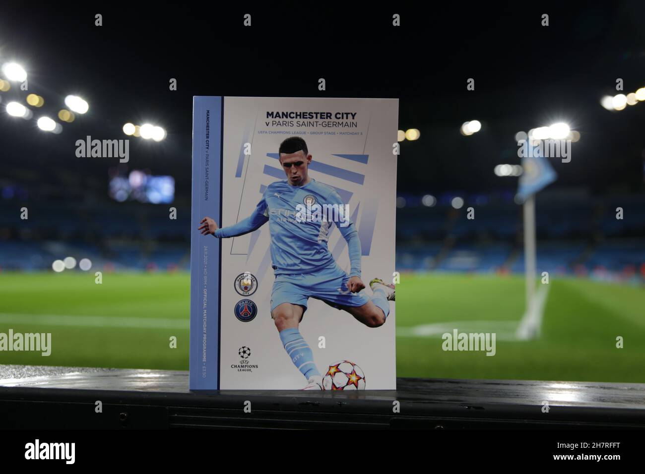 A match programme featuring a Champions! cover during the Premier League  match at the Etihad Stadium, Manchester Stock Photo - Alamy