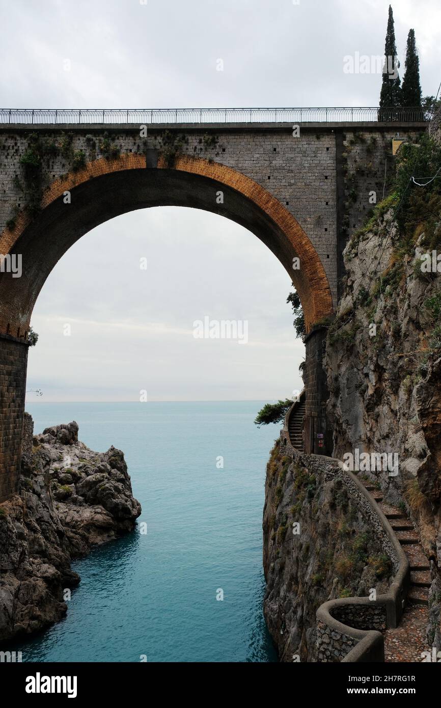 Fiordo di Furore Bridge and mediterranean sea(Fjord of Furore) , a beautiful hidden place in the province of Salerno , Amalfi coast, Italy Stock Photo