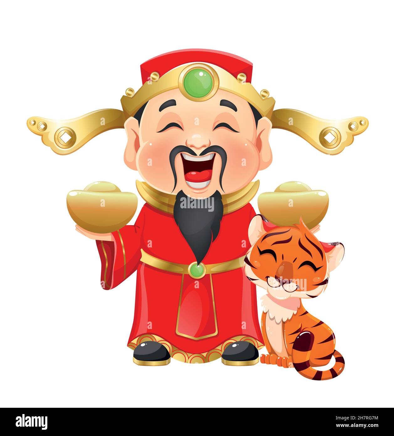 Chinese New Year greeting card with God of Wealth and cute tiger, symbol of 2022. Vector illustration Stock Vector