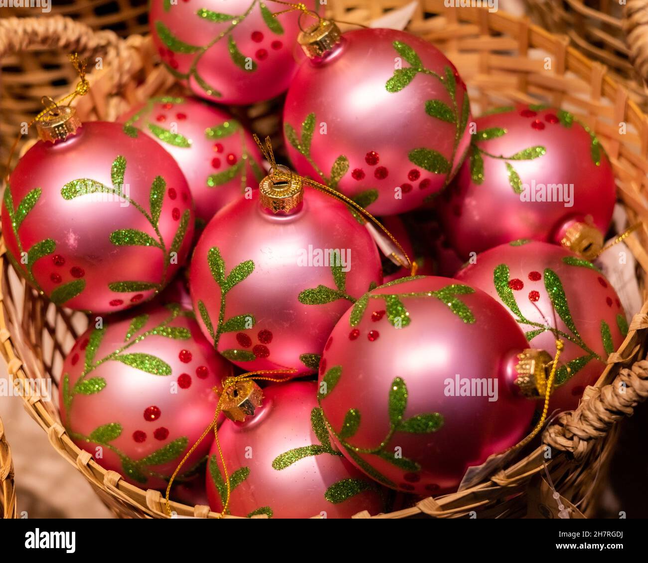 Christmas balls in a wicker basket as background Stock Photo Alamy
