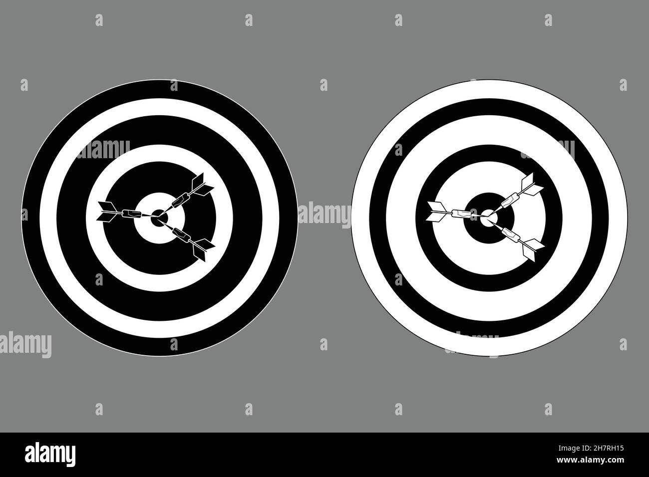 Dart board with 3 arrows hitting bullseye black white outline Stock Vector