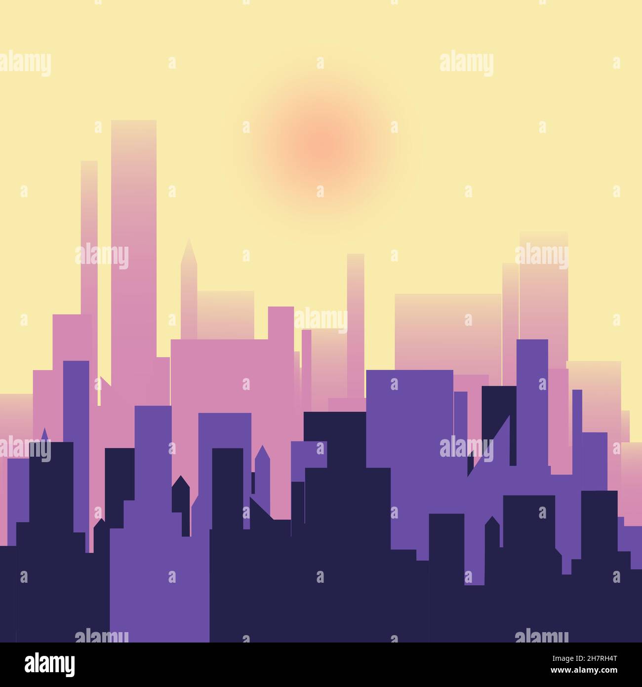 Silhouette of the evening city in the setting sun. Purple yellow color. Urban landscape in a flat style. Silhouette of city buildings vector Stock Vector