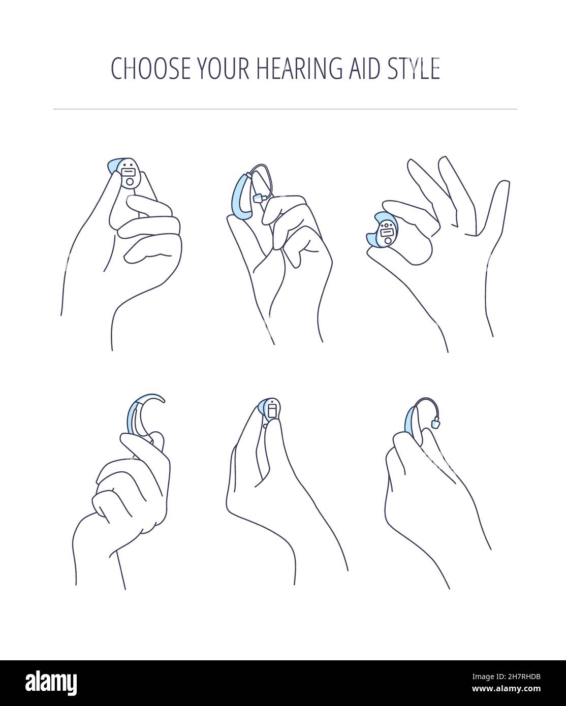 Types of hearing aids for the hearing impaired and the deaf.Hands hold