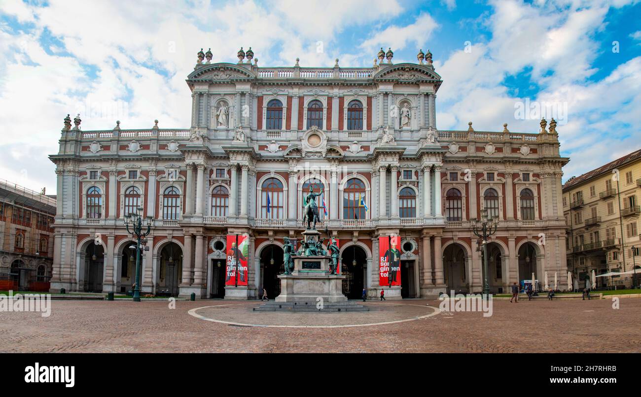 Beautiful architecture & ornate statues of the Piazza Carlo Alberto, Turin, Piedmont, Italy Stock Photo