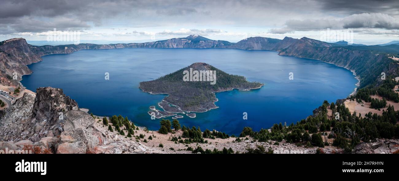 Panoramic view of Crater Lake and Wizzard island Stock Photo