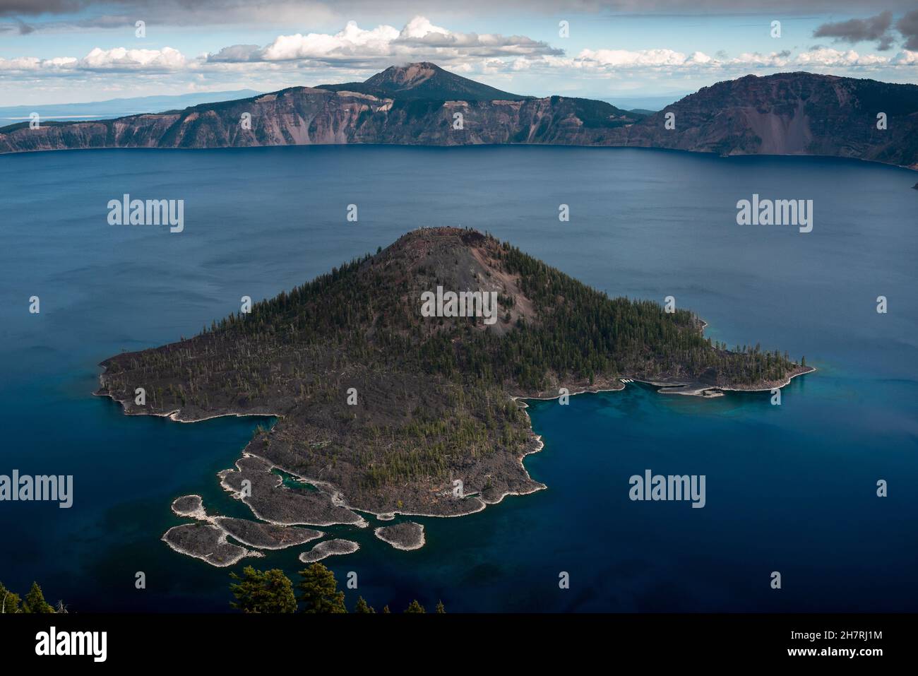 Wizzard island on Crater Lake is a ancient volcanic cone Stock Photo