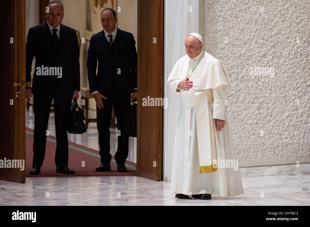 Pope Francis arrives for his traditional Wednesday General Audience.  Traditional Pope Francisí Wednesday General Audience in Paul VI Audience  Hall in Vatican City. (Photo by Stefano Costantino / SOPA Images/Sipa USA  Stock