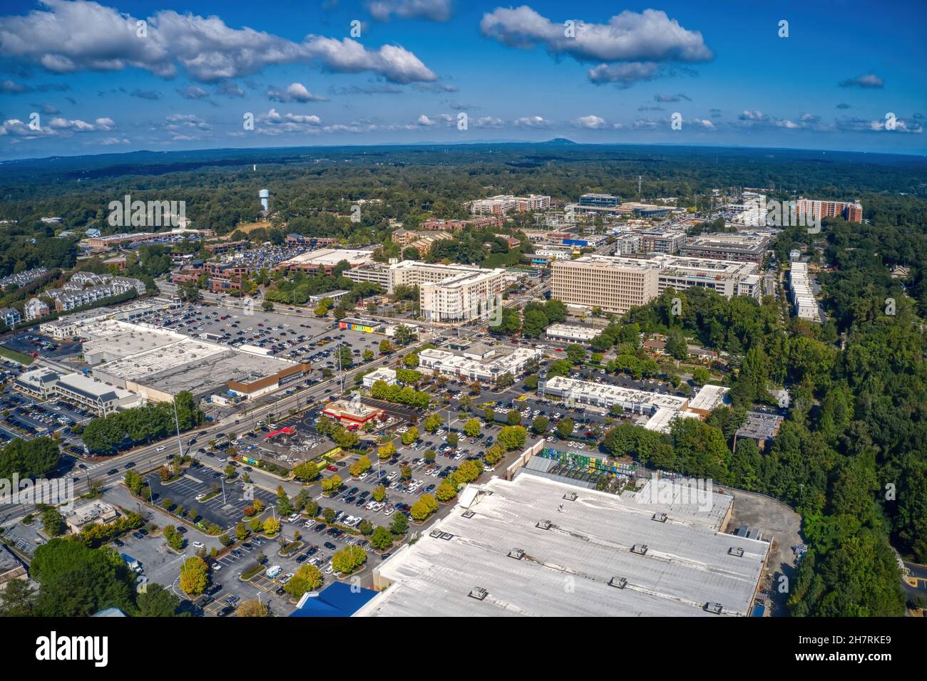 Aerial view of the Atlanta suburb of Sandy Springs under a blue sky